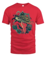 Vintage Sea Turtle Floral Garden Ocean Graphic Soft Tshirt - red t-shirt on white background