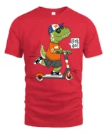 Cool Dinosaur T-Rex Riding Scooter Lets Go Soft Tshirt - red t-shirt on white background