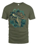 Vintage Sea Turtle Floral Garden Ocean Graphic Soft Tshirt - military green t-shirt on white background