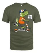 Cool Dinosaur T-Rex Riding Scooter Lets Go Soft Tshirt - military green t-shirt on white background