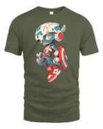 Cool Chibi Mech Captain Superhero Graphic Soft Tshirt - military green t-shirt on white background