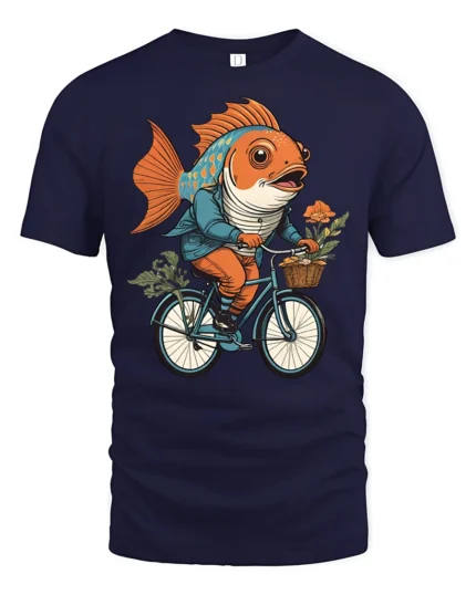 Cool Nautical Goldfish Cyclist Adventure Premium Soft Tshirt - navy t-shirt on white background