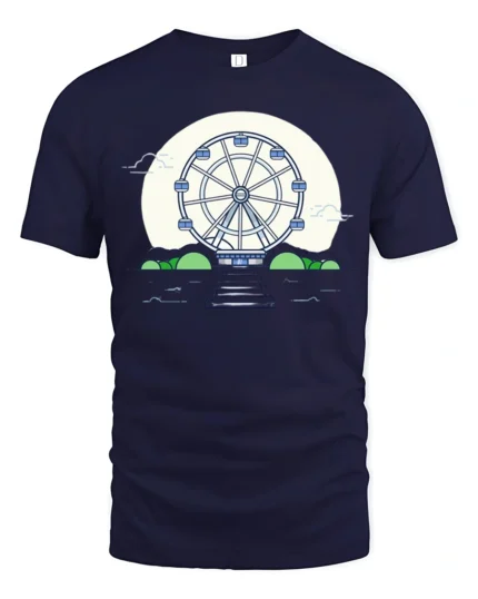Aesthetic Retro Ferris Wheel Full Moon Graphic Soft Tshirt - navy t-shirt on white background