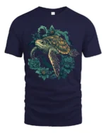 Vintage Sea Turtle Floral Garden Ocean Graphic Soft Tshirt - navy t-shirt on white background