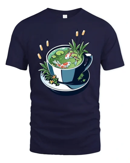 Whimsical Aquatic Tea Cup Koi Fish Premium Soft Tee - navy t-shirt on white background