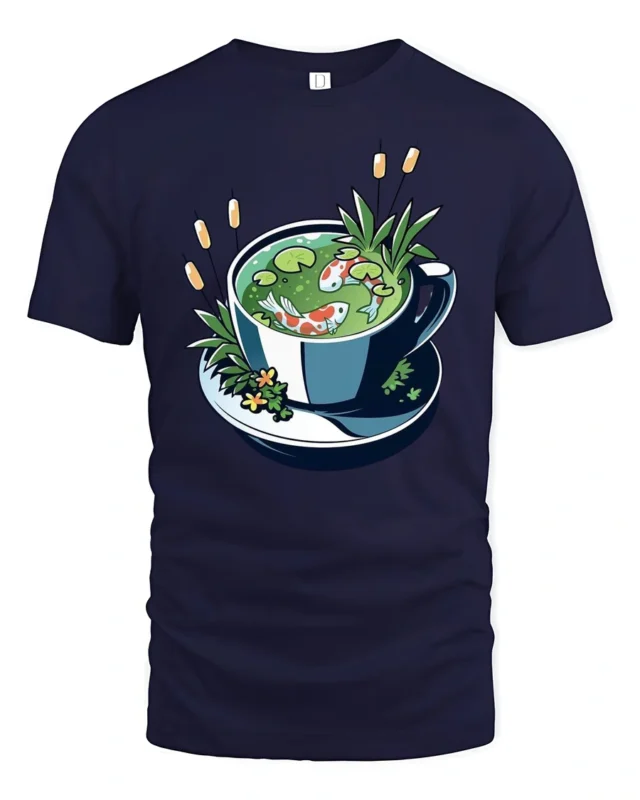 Whimsical Aquatic Tea Cup Koi Fish Premium Soft Tee - navy t-shirt on white background