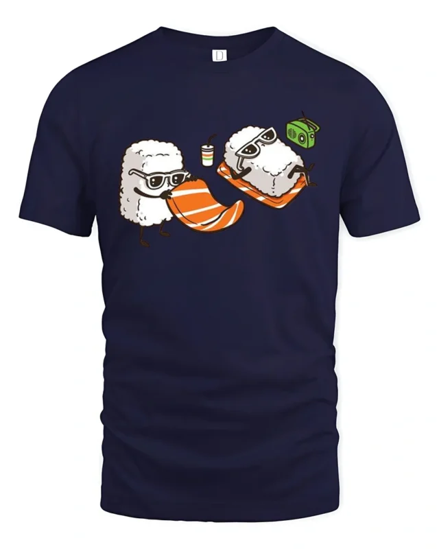 Funny Sushi Beach Day Salmon Towel Graphic Tshirt - navy t-shirt on white background