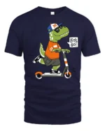 Cool Dinosaur T-Rex Riding Scooter Lets Go Soft Tshirt - navy t-shirt on white background