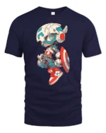 Cool Chibi Mech Captain Superhero Graphic Soft Tshirt - navy t-shirt on white background