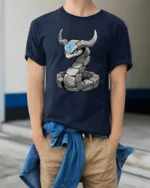 Cool Rock Snake Golem Creature Fantasy Graphic Soft Tshirt - model wearing navy tee with hands in pockets