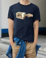 Aesthetic Pencil Sharpener Lumberjack Chainsaw Premium Tee - model wearing navy tee with hands in pockets