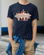 Unique Funny Surfing Friends Summer Graphic Soft Tshirt - model wearing navy tee with hands in pockets