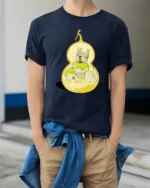 Creative Tiny World Zen Gourd Sanctuary Graphic Soft Tshirt - model wearing navy tee with hands in pockets