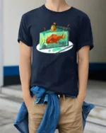 Unique Jelly Pond Cake With Koi Fish Fantasy Soft Tshirt - model wearing navy tee with hands in pockets