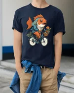 Cool Nautical Goldfish Cyclist Adventure Premium Soft Tshirt - model wearing navy tee with hands in pockets