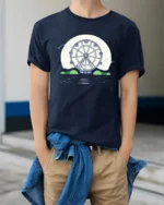 Aesthetic Retro Ferris Wheel Full Moon Graphic Soft Tshirt - model wearing navy tee with hands in pockets