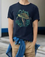Vintage Sea Turtle Floral Garden Ocean Graphic Soft Tshirt - model wearing navy tee with hands in pockets