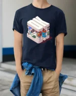 Retro Isometric OK Tech and Gaming Sanctuary Soft Tshirt - model wearing navy tee with hands in pockets