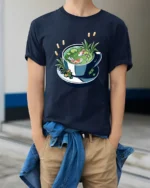 Whimsical Aquatic Tea Cup Koi Fish Premium Soft Tee - model wearing navy tee with hands in pockets