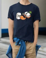 Funny Sushi Beach Day Salmon Towel Graphic Tshirt - model wearing navy tee with hands in pockets