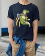 Epic Jetpack T-Rex Dinosaur Flight Graphic Tee - model wearing navy tee with hands in pockets