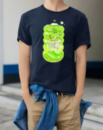 Surreal Frog Pond Terrarium Fishing Aesthetic Soft Tshirt - model wearing navy tee with hands in pockets