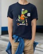 Cool Dinosaur T-Rex Riding Scooter Lets Go Soft Tshirt - model wearing navy tee with hands in pockets
