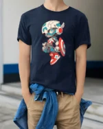 Cool Chibi Mech Captain Superhero Graphic Soft Tshirt - model wearing navy tee with hands in pockets