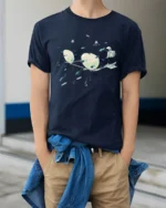 Surreal Space Astronaut Eyeglasses Fish Graphic Soft Tshirt - model wearing navy tee with hands in pockets