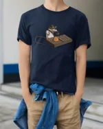 Funny Cowboy Mouse Trap Indiana Jones Graphic Soft Tshirt - model wearing navy tee with hands in pockets