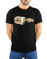 Aesthetic Pencil Sharpener Lumberjack Chainsaw Premium Tee - model wearing black tee with hands behind back