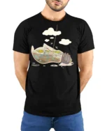 Cool Skeleton Surfer Riding Giant Retro Wave Soft Tshirt - model wearing black tee with hands behind back