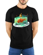 Unique Jelly Pond Cake With Koi Fish Fantasy Soft Tshirt - model wearing black tee with hands behind back