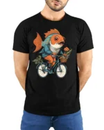 Cool Nautical Goldfish Cyclist Adventure Premium Soft Tshirt - model wearing black tee with hands behind back