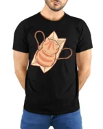 Cute Orange Tabby Cat in Paper Bag Graphic Tshirt - model wearing black tee with hands behind back