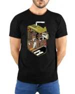 Surreal Juice Box Miniature City Street Graphic Soft Tshirt - model wearing black tee with hands behind back