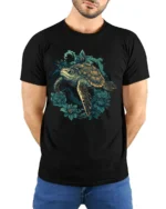 Vintage Sea Turtle Floral Garden Ocean Graphic Soft Tshirt - model wearing black tee with hands behind back