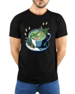 Whimsical Aquatic Tea Cup Koi Fish Premium Soft Tee - model wearing black tee with hands behind back