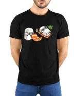 Funny Sushi Beach Day Salmon Towel Graphic Tshirt - model wearing black tee with hands behind back