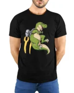 Epic Jetpack T-Rex Dinosaur Flight Graphic Tee - model wearing black tee with hands behind back