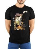 Magical Fire Demon Cooking Breakfast Premium Tee - model wearing black tee with hands behind back