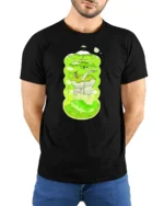 Surreal Frog Pond Terrarium Fishing Aesthetic Soft Tshirt - model wearing black tee with hands behind back