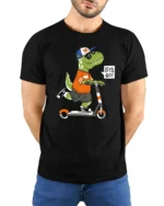 Cool Dinosaur T-Rex Riding Scooter Lets Go Soft Tshirt - model wearing black tee with hands behind back
