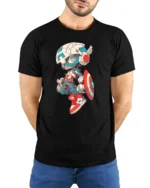 Cool Chibi Mech Captain Superhero Graphic Soft Tshirt - model wearing black tee with hands behind back