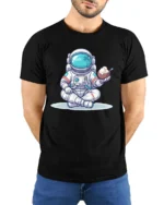 Funny Tropical Astronaut Coconut Ice Cream Graphic Soft Tee - model wearing black tee with hands behind back