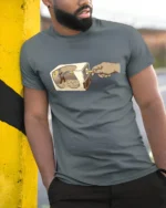 Aesthetic Pencil Sharpener Lumberjack Chainsaw Premium Tee - model wearing grey tee, leaning on column