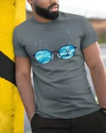 Aesthetic Cosmic Eyewear Surreal Sea Galaxy Premium Tshirt - model wearing grey tee, leaning on column