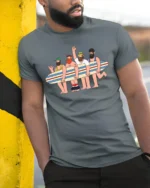 Unique Funny Surfing Friends Summer Graphic Soft Tshirt - model wearing grey tee, leaning on column
