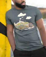Cool Skeleton Surfer Riding Giant Retro Wave Soft Tshirt - model wearing grey tee, leaning on column