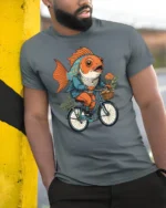 Cool Nautical Goldfish Cyclist Adventure Premium Soft Tshirt - model wearing grey tee, leaning on column